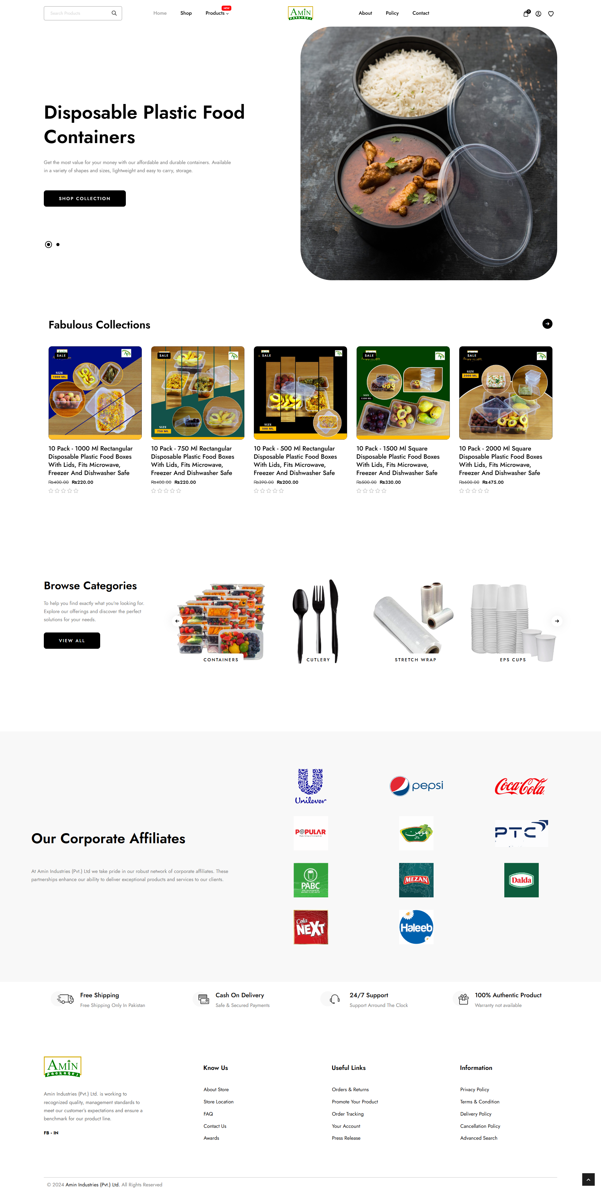 Amin Packages e-commerce store homepage featuring product catalog and shopping interface